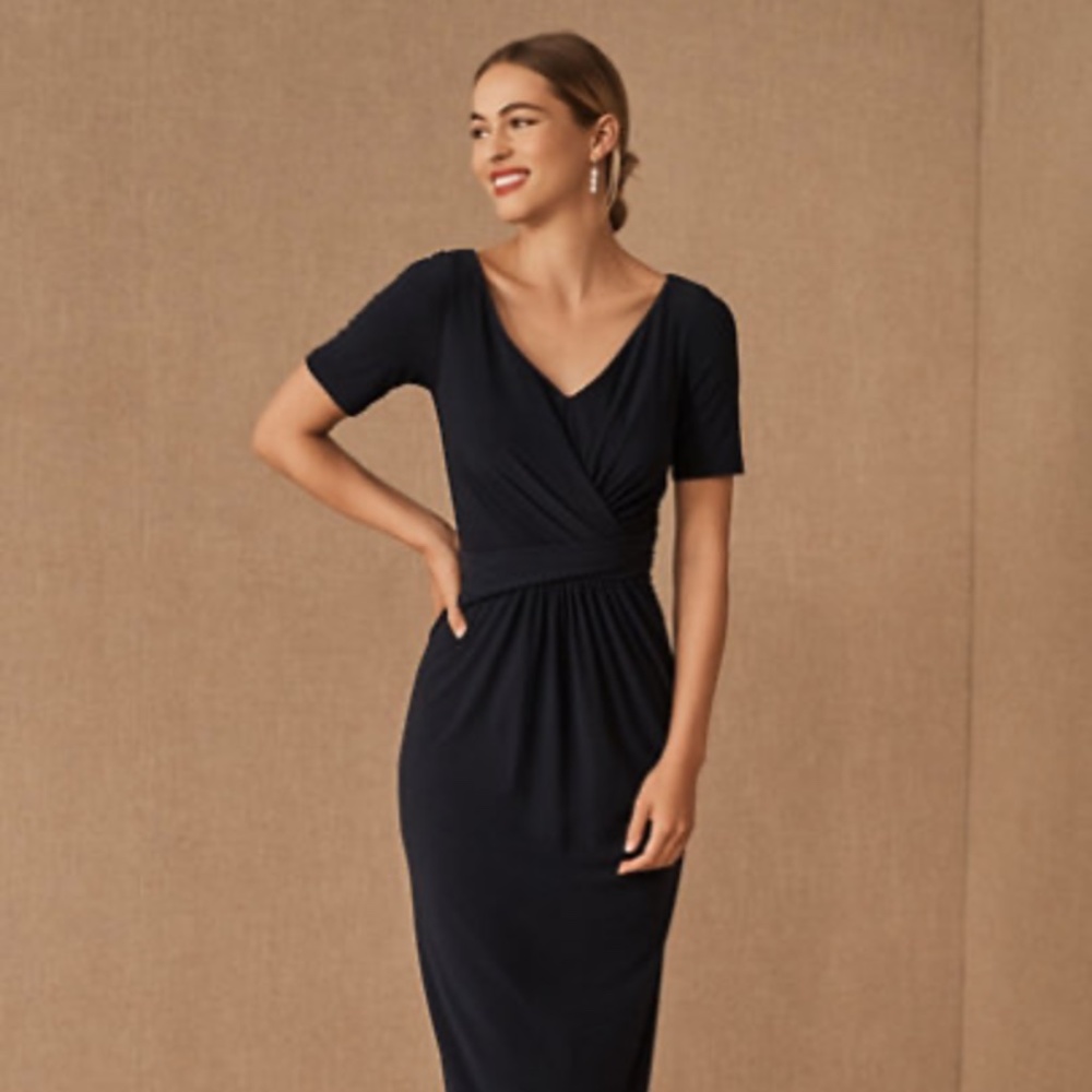 BHLDN Chelle Dress - Long Navy Blue Dress with Short Sleeves US Size 10 / UK 14